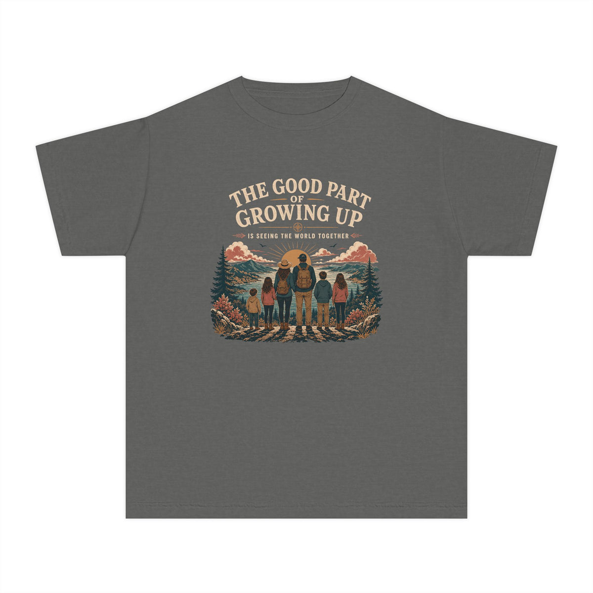 The Good Part of Growing Up Youth Tee – Kids' Comfort Colors Family Travel Shirt in Pepper – flat lay