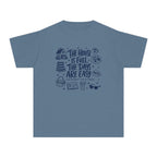 The House Is Full the Days Are Easy Youth Tee – Kids' Comfort Colors Family Getaway Shirt in Blue Jean – flat lay