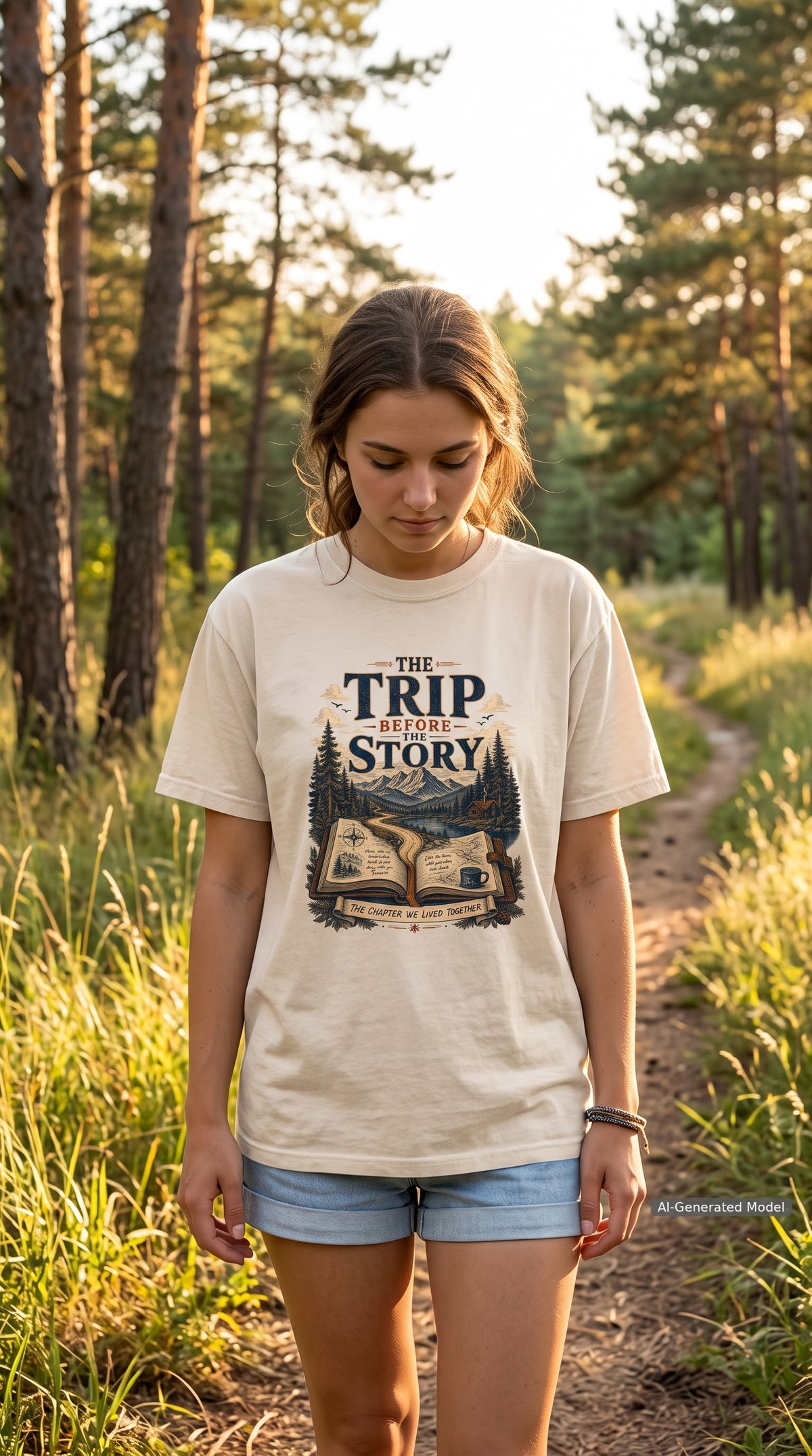 The Trip Before the Story Travel Journal Shirt – close-up product photo