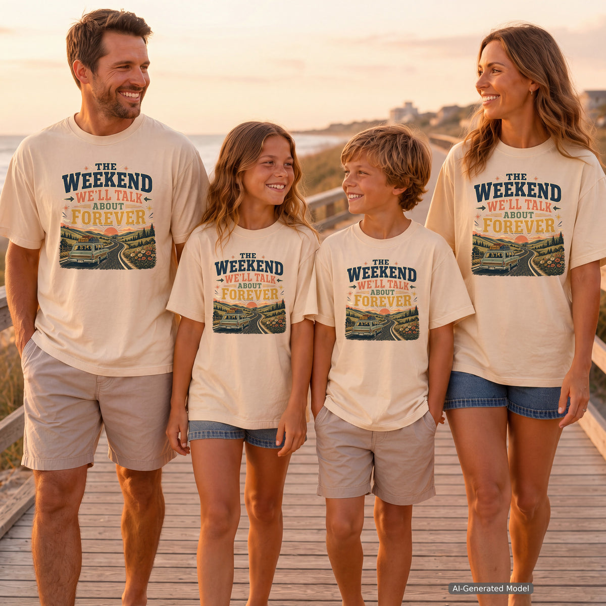 The Weekend We’ll Talk About Forever Road Trip Shirt in Ivory – worn on a family trip (AI-generated model photo)