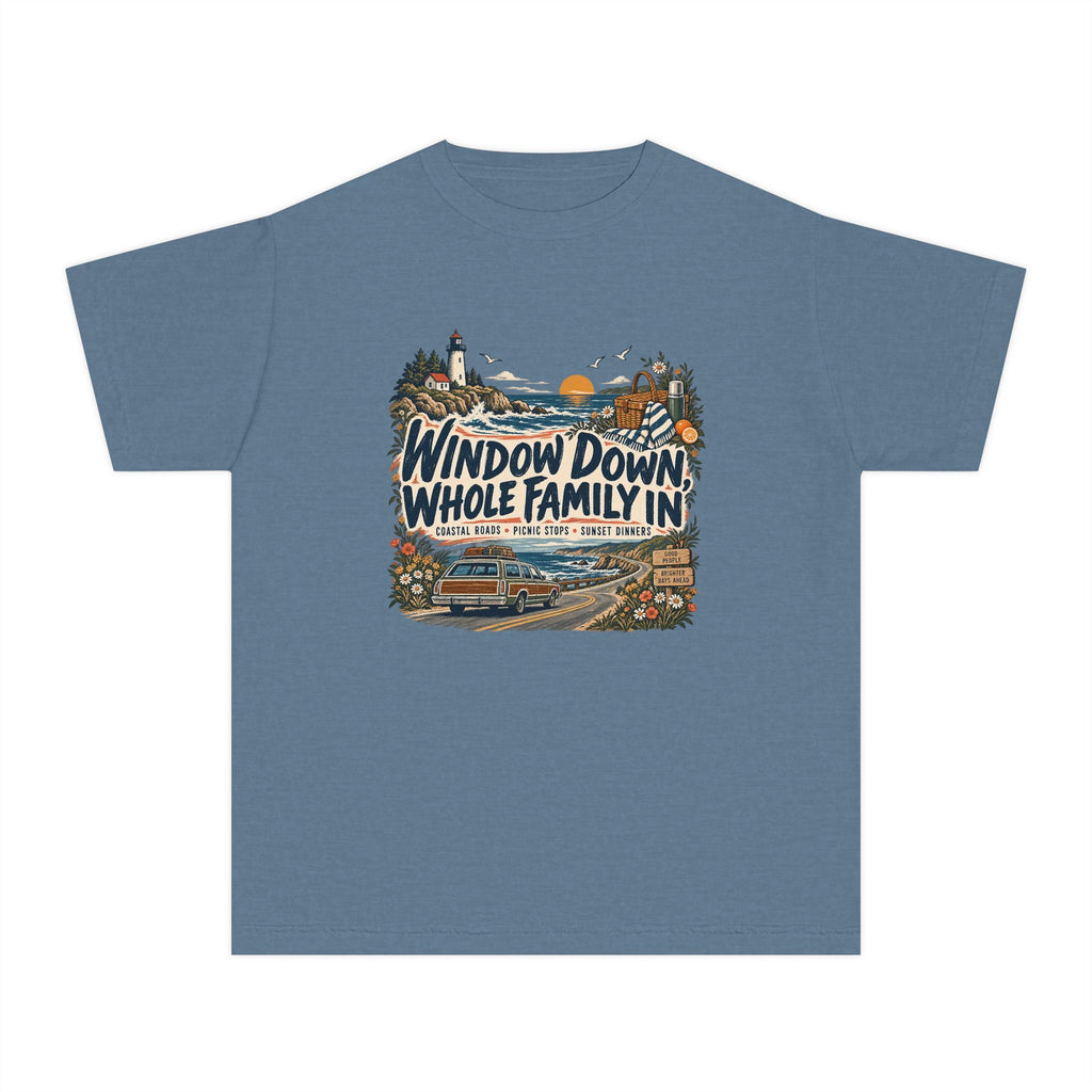 Window Down Whole Family In Youth Tee – Kids' Comfort Colors Road Trip Shirt in Blue Jean – flat lay