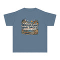 Window Down Whole Family In Youth Tee – Kids' Comfort Colors Road Trip Shirt in Blue Jean – flat lay