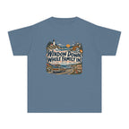 Window Down Whole Family In Youth Tee – Kids' Comfort Colors Road Trip Shirt in Blue Jean – flat lay