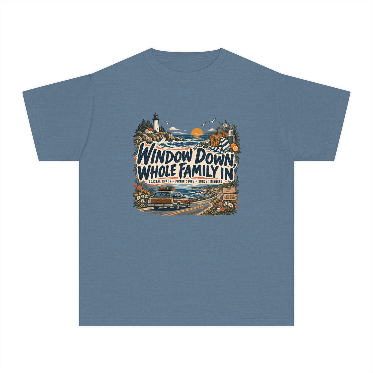 Window Down Whole Family In Youth Tee – Kids' Comfort Colors Road Trip Shirt in Blue Jean – flat lay